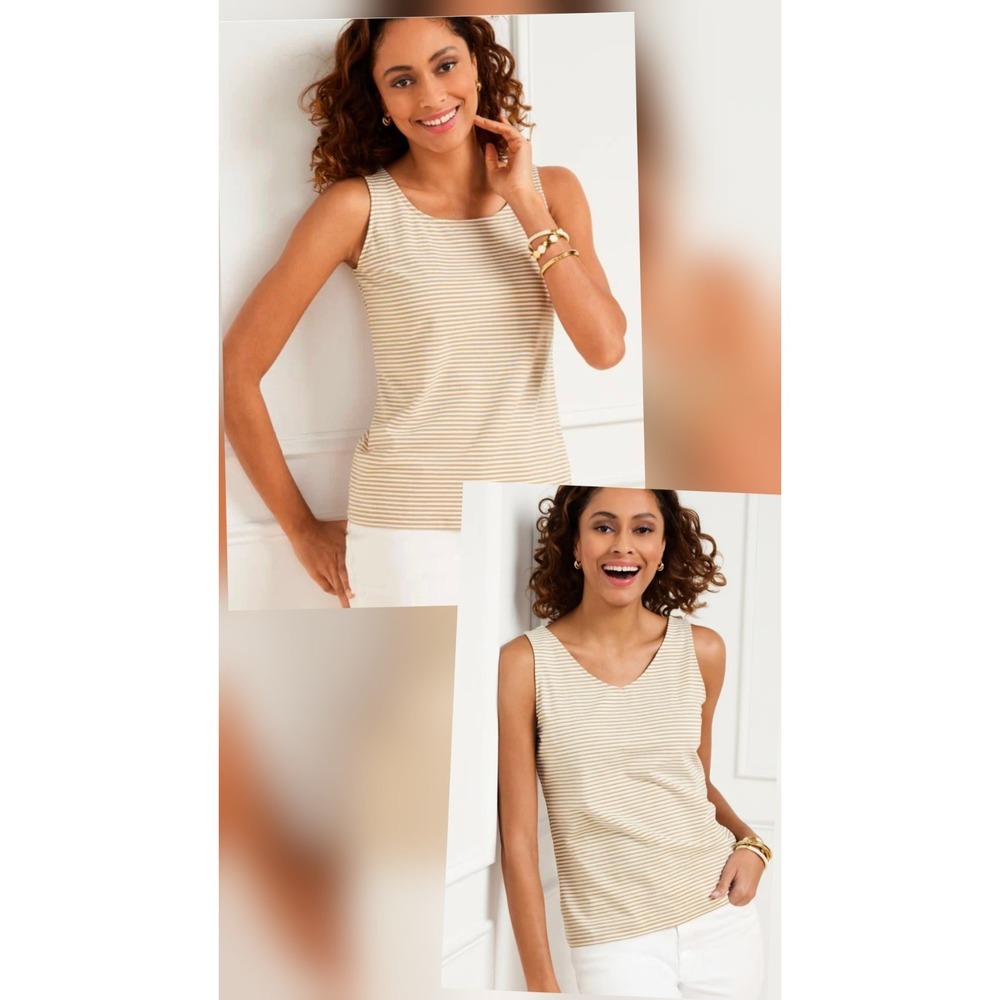 Talbots Reversible Two Ways Scoop/V Neck Tank Top Stripe Petite XL Brown Beige